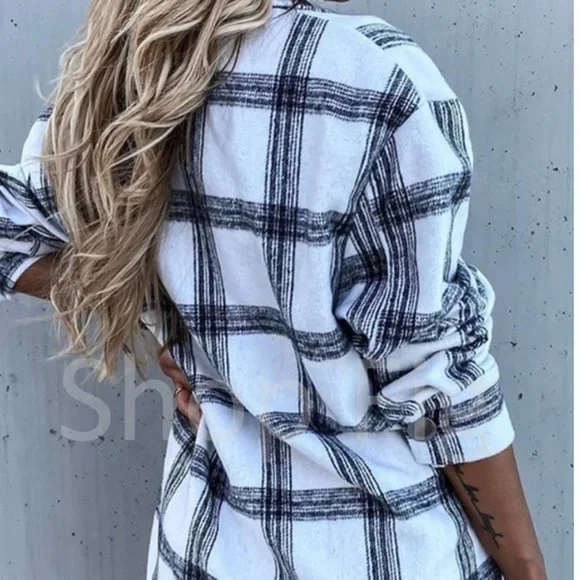 New Plaid Stripe Flannel Shirt Jacket Shacket Top Oversized - Picture 4 of 8